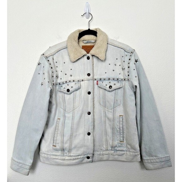 Levis Ex-Boyfriend Sherpa Lined Studded Stars Denim Trucker Jacket Women Medium - Picture 1 of 13